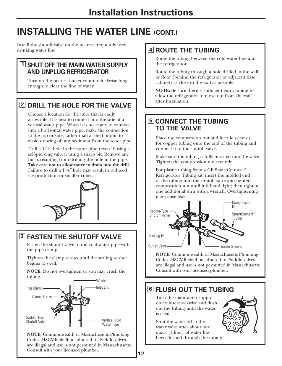 Installing the water line, Installation instructions, Connect the tubing to the valve | Flush out the tubing, Cont.), Fasten the shutoff valve, Route the tubing, Drill the hole for the valve | GE 197D3354P013 User Manual | Page 12 / 80