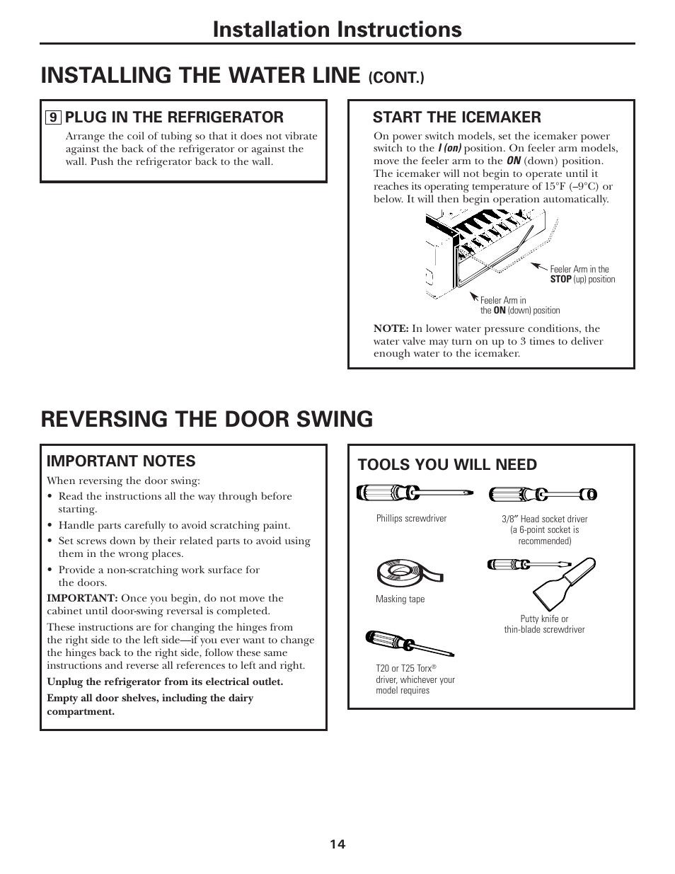 Reversing the door swing, Reversing the door swing –18, Installation instructions | Reversing the door swing installing the water line, Tools you will need, Plug in the refrigerator, Start the icemaker, Cont.) | GE 197D3354P013 User Manual | Page 14 / 80