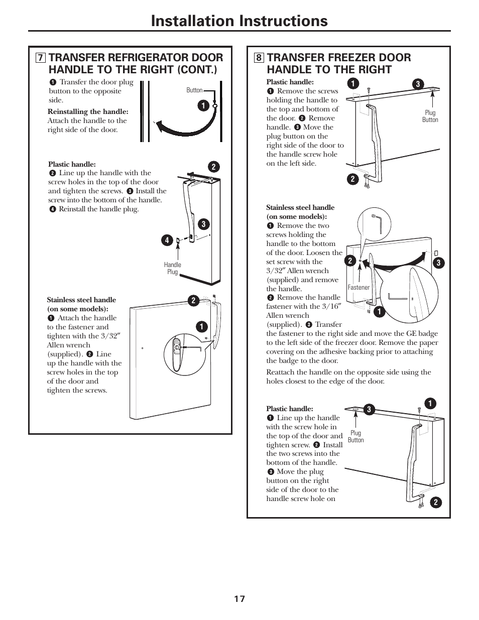 Installation instructions, Transfer freezer door handle to the right | GE 197D3354P013 User Manual | Page 17 / 80