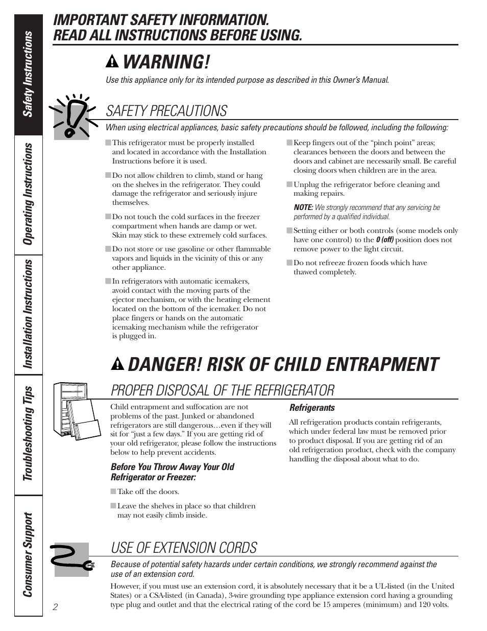 Safety instructions, Warning, Danger! risk of child entrapment | Safety precautions, Use of extension cords, Proper disposal of the refrigerator | GE 197D3354P013 User Manual | Page 2 / 80