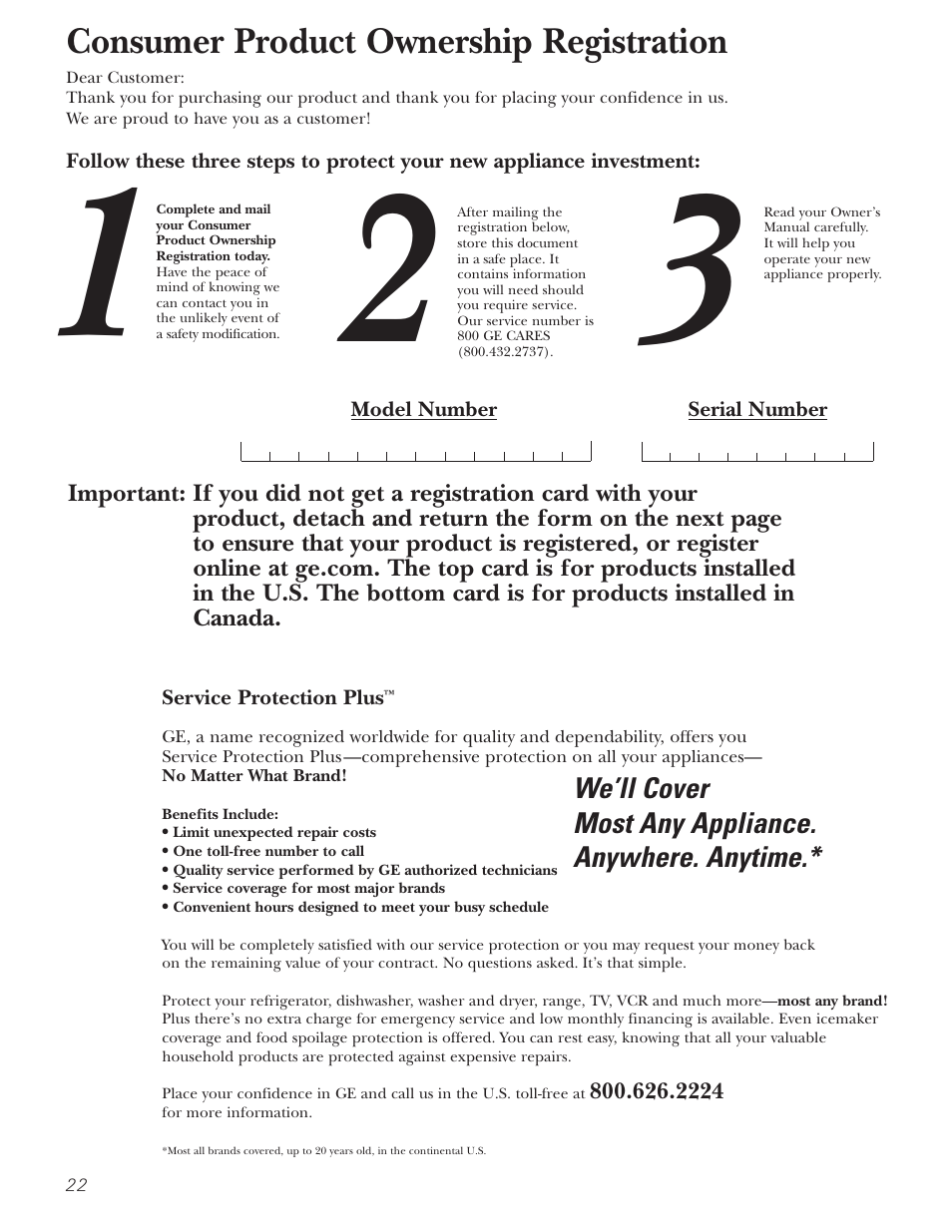 Product registration for u.s. customers, Product registration for u.s. customers , 23, 24, Consumer product ownership registration | GE 197D3354P013 User Manual | Page 22 / 80