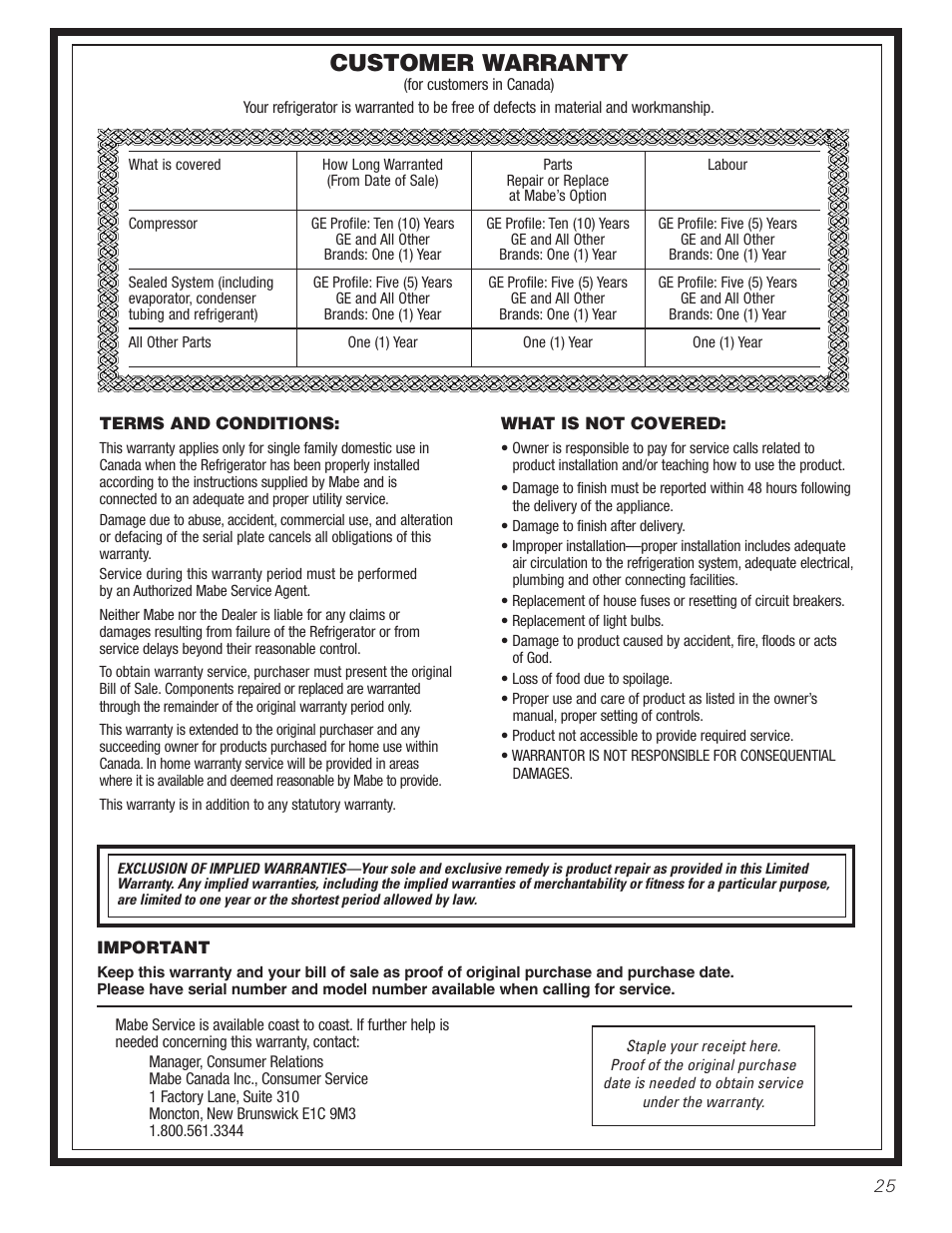 Warranty for canadian customers, Customer warranty | GE 197D3354P013 User Manual | Page 25 / 80