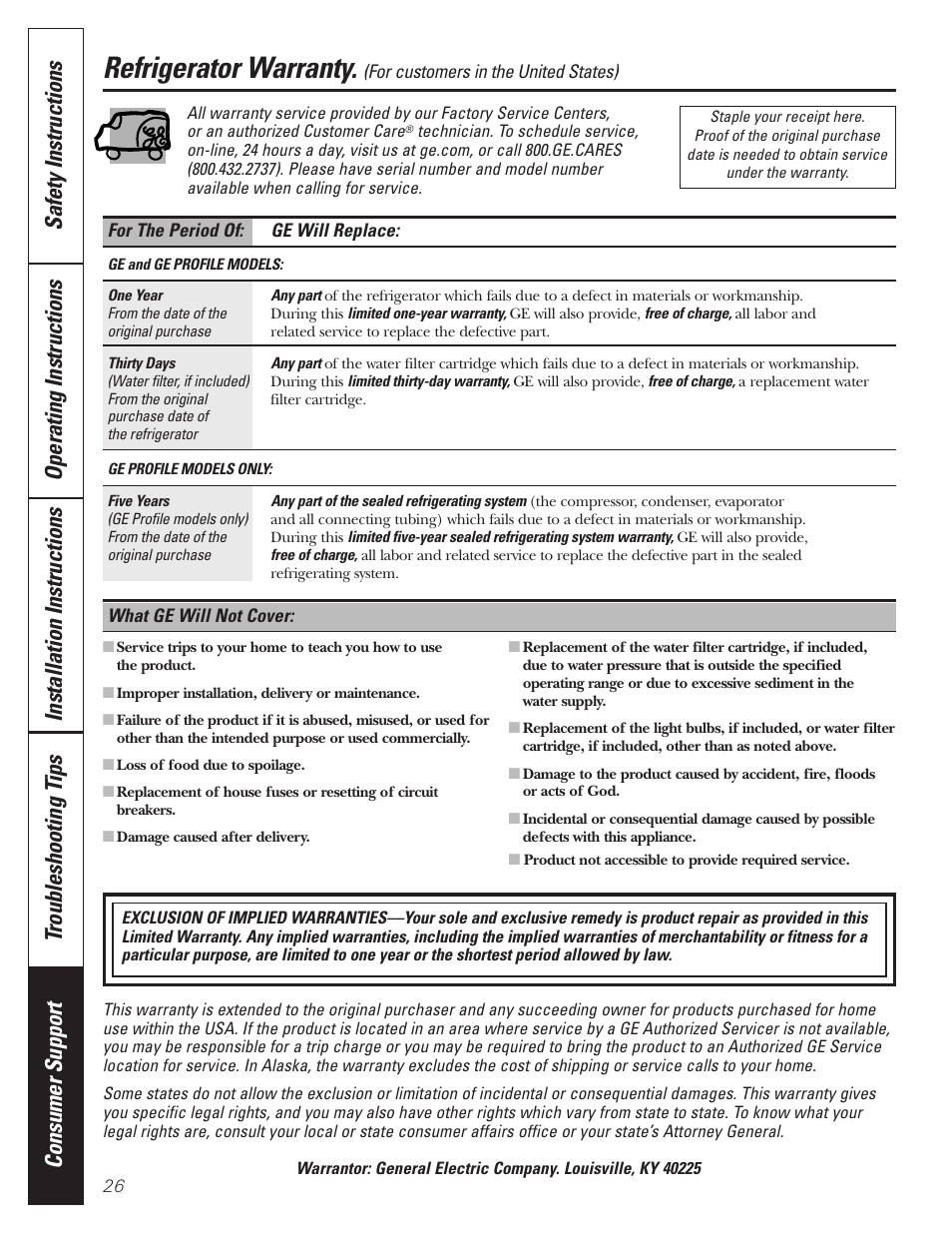 Warranty for u.s. customers, Refrigerator warranty | GE 197D3354P013 User Manual | Page 26 / 80