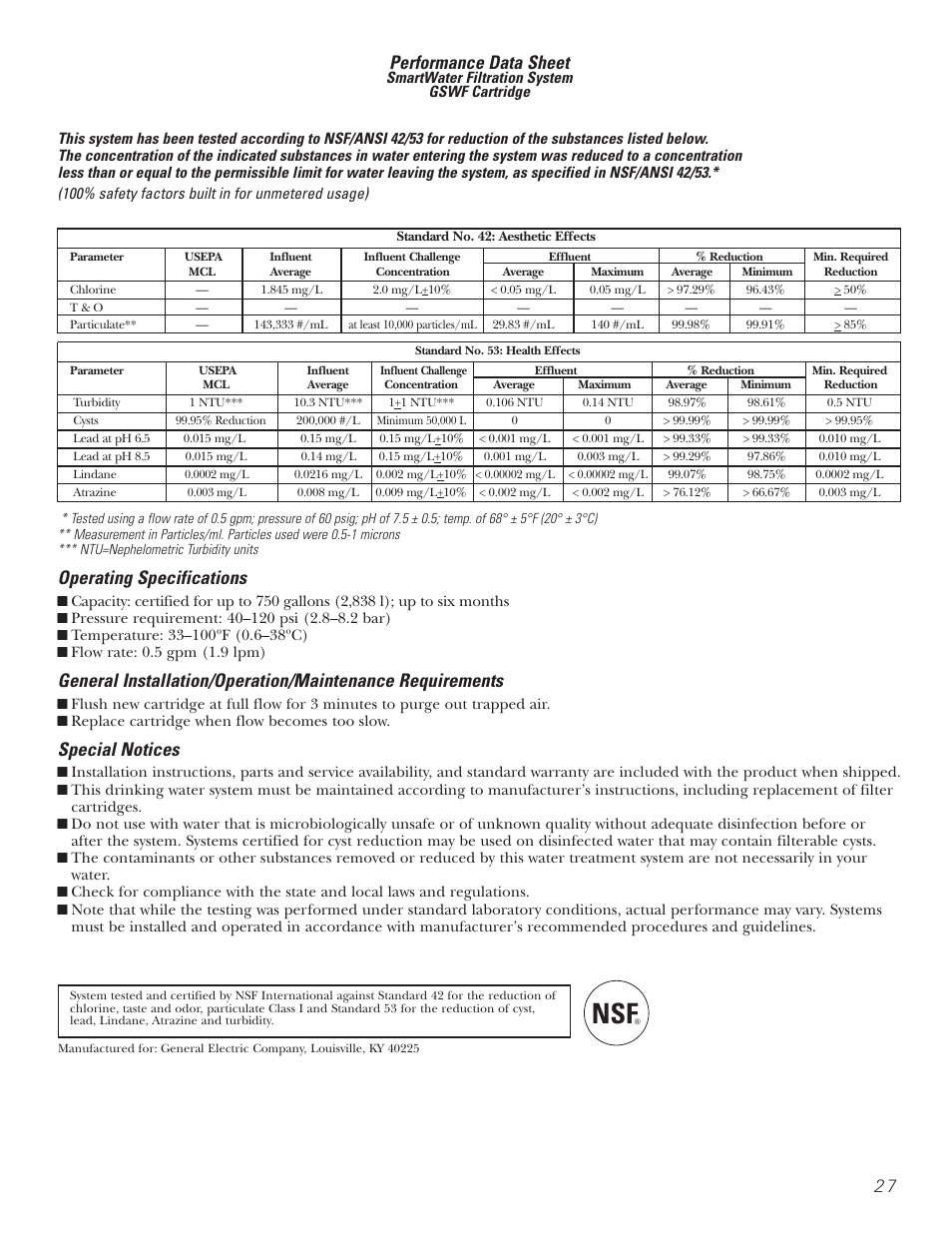 Performance data sheet, Operating specifications, Special notices | GE 197D3354P013 User Manual | Page 27 / 80