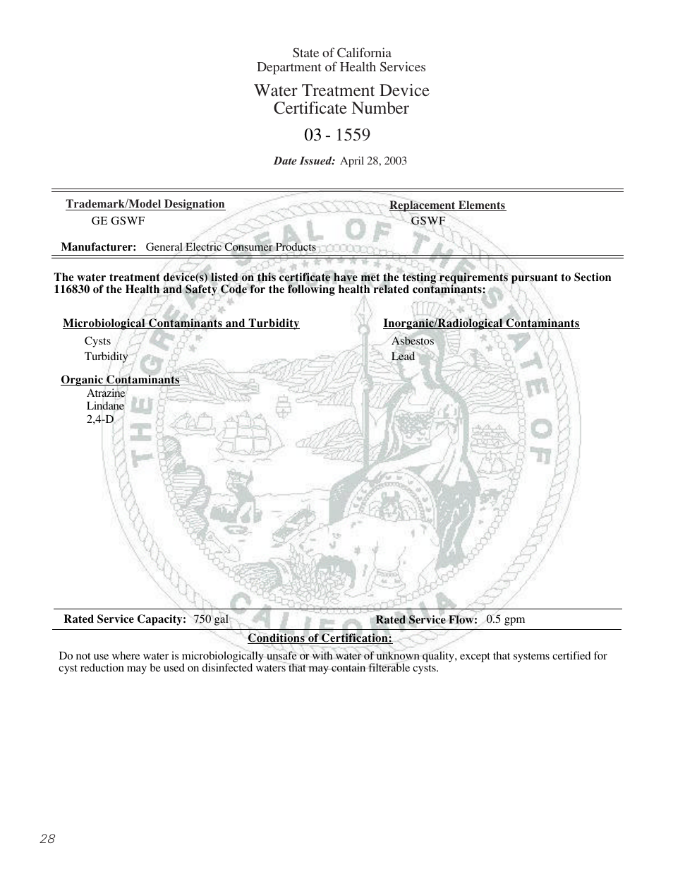 Water treatment device certificate number | GE 197D3354P013 User Manual | Page 28 / 80