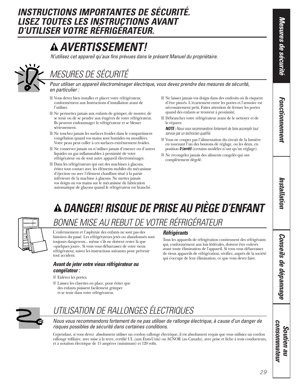 Instructions de sécurité, Avertissement, Danger! risque de prise au piège d’enfant | Mesures de sécurité, Utilisation de rallonges électriques, Bonne mise au rebut de votre réfrigérateur | GE 197D3354P013 User Manual | Page 29 / 80