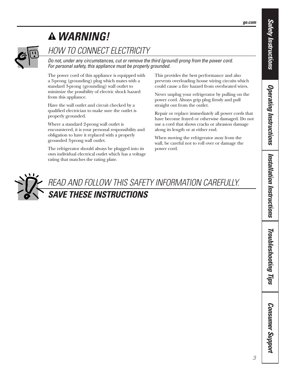 Warning, How to connect electricity | GE 197D3354P013 User Manual | Page 3 / 80