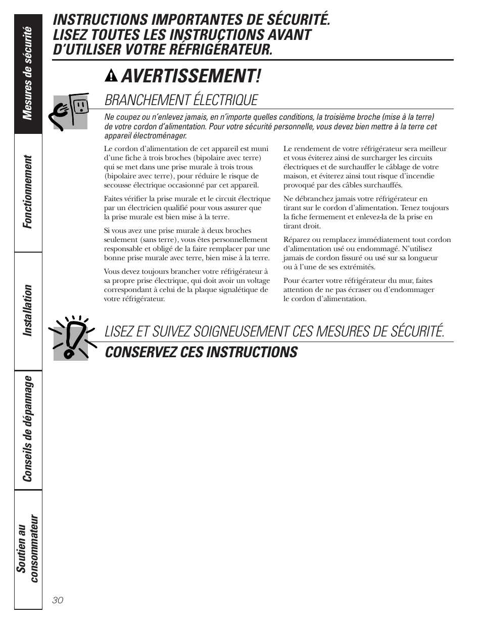 Avertissement, Branchement électrique | GE 197D3354P013 User Manual | Page 30 / 80
