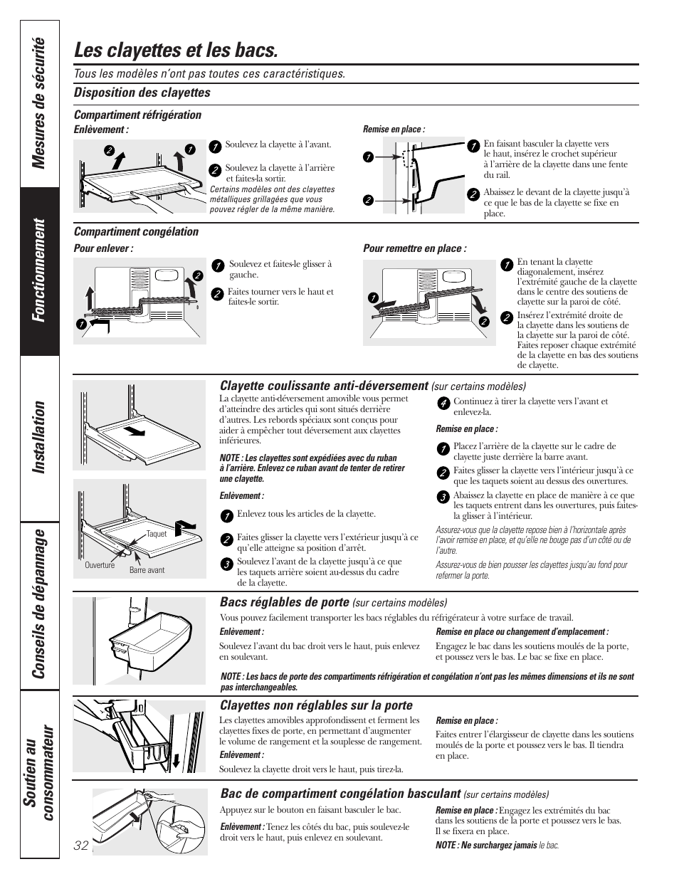 Clayettes et bacs, Les clayettes et les bacs | GE 197D3354P013 User Manual | Page 32 / 80