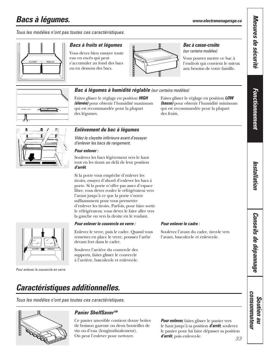 Bacs à légumes, Caractéristiques additionnelles, Bacs à légumes caractéristiques additionnelles | GE 197D3354P013 User Manual | Page 33 / 80