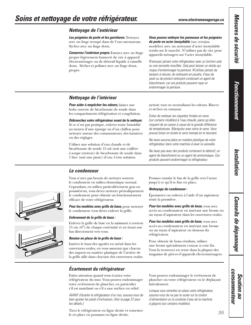 Soins et nettoyage, Soins et nettoyage , 36, Soins et nettoyage de votre réfrigérateur | GE 197D3354P013 User Manual | Page 35 / 80