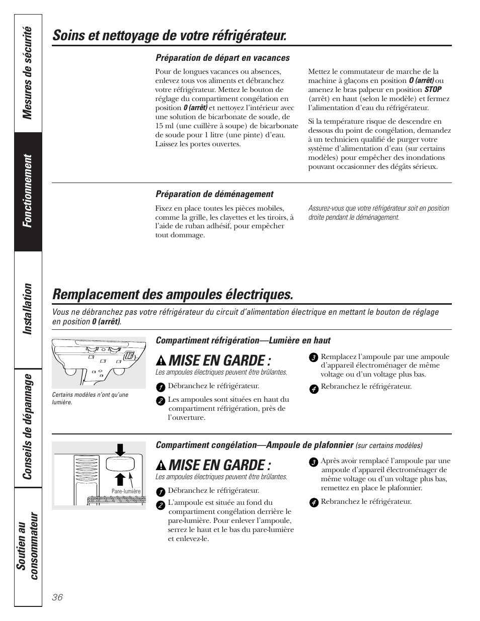 Remplacement des ampoules électriques, Soins et nettoyage de votre réfrigérateur, Mise en garde | GE 197D3354P013 User Manual | Page 36 / 80