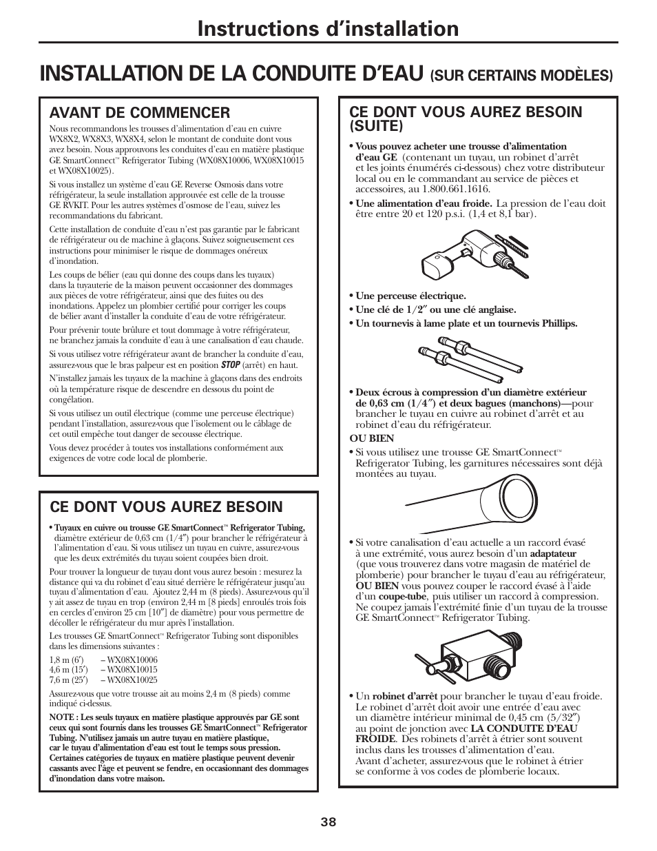 Installation de la conduite d'eau, Installation de la conduite d’eau –41, Installation de la conduite d’eau | Instructions d’installation, Sur certains modèles), Avant de commencer, Ce dont vous aurez besoin, Ce dont vous aurez besoin (suite) | GE 197D3354P013 User Manual | Page 38 / 80