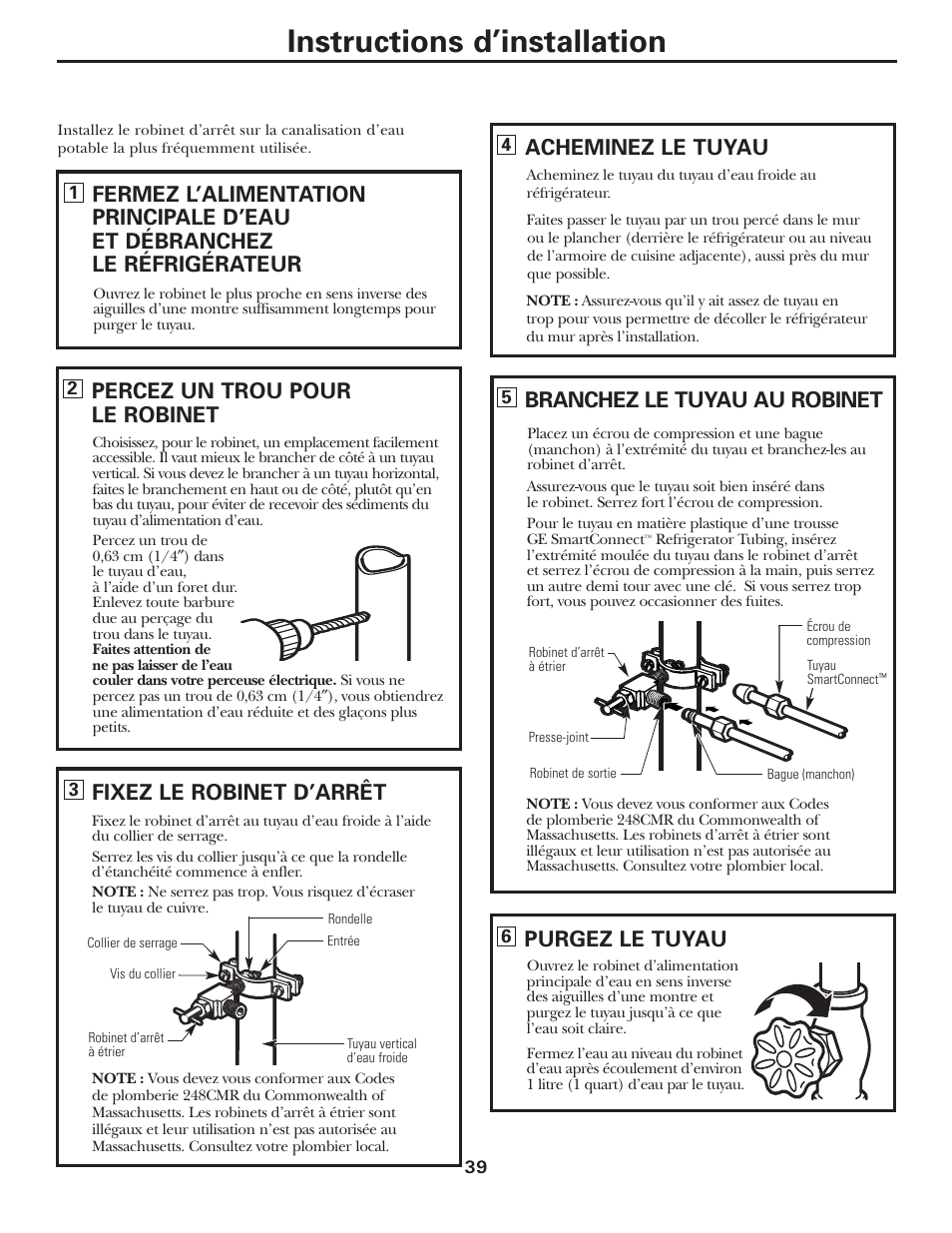 Instructions d’installation, Percez un trou pour le robinet, Fixez le robinet d’arrêt | Acheminez le tuyau, Branchez le tuyau au robinet, Purgez le tuyau | GE 197D3354P013 User Manual | Page 39 / 80