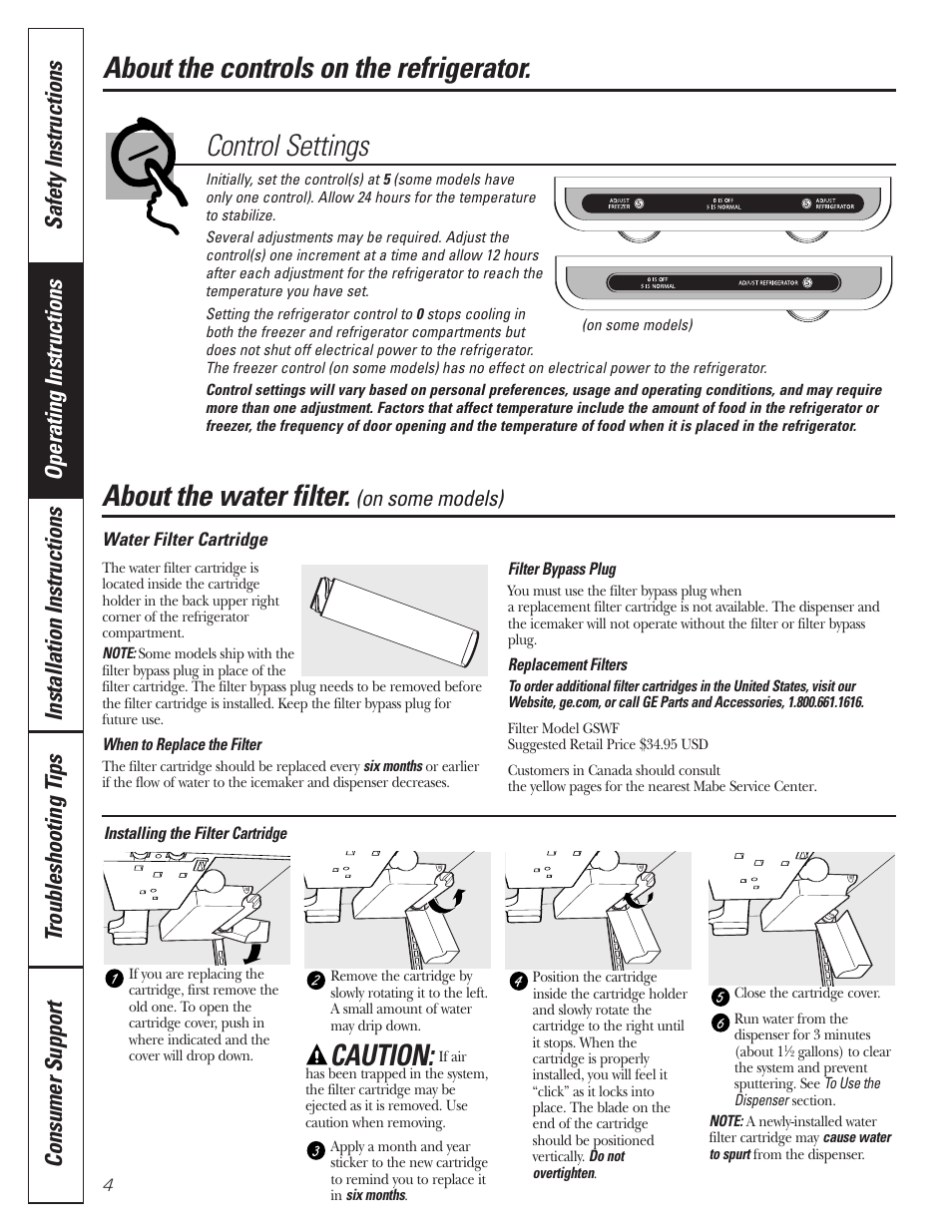 Controls, Water filter, Caution | About the water filter | GE 197D3354P013 User Manual | Page 4 / 80