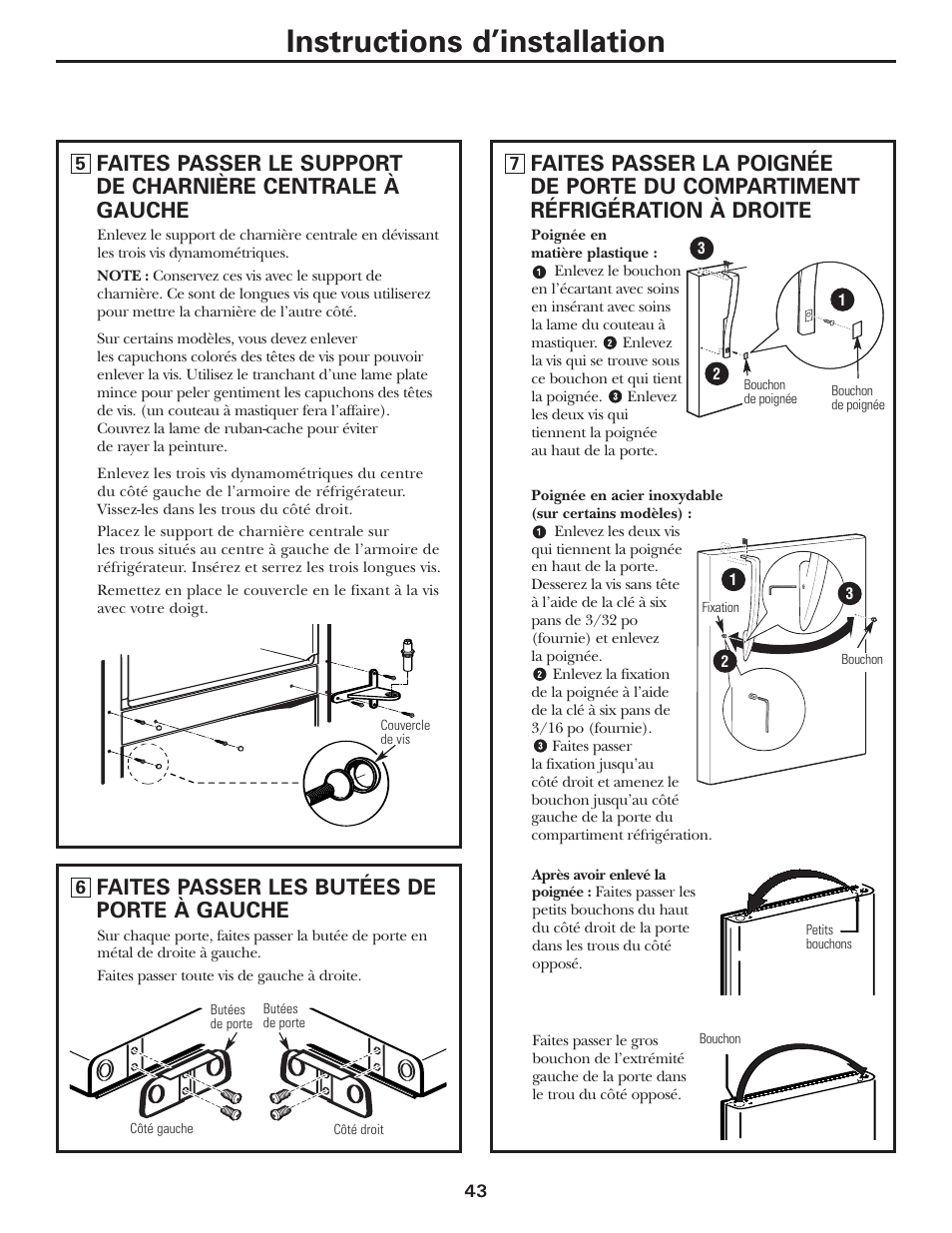 Instructions d’installation, Faites passer les butées de porte à gauche | GE 197D3354P013 User Manual | Page 43 / 80