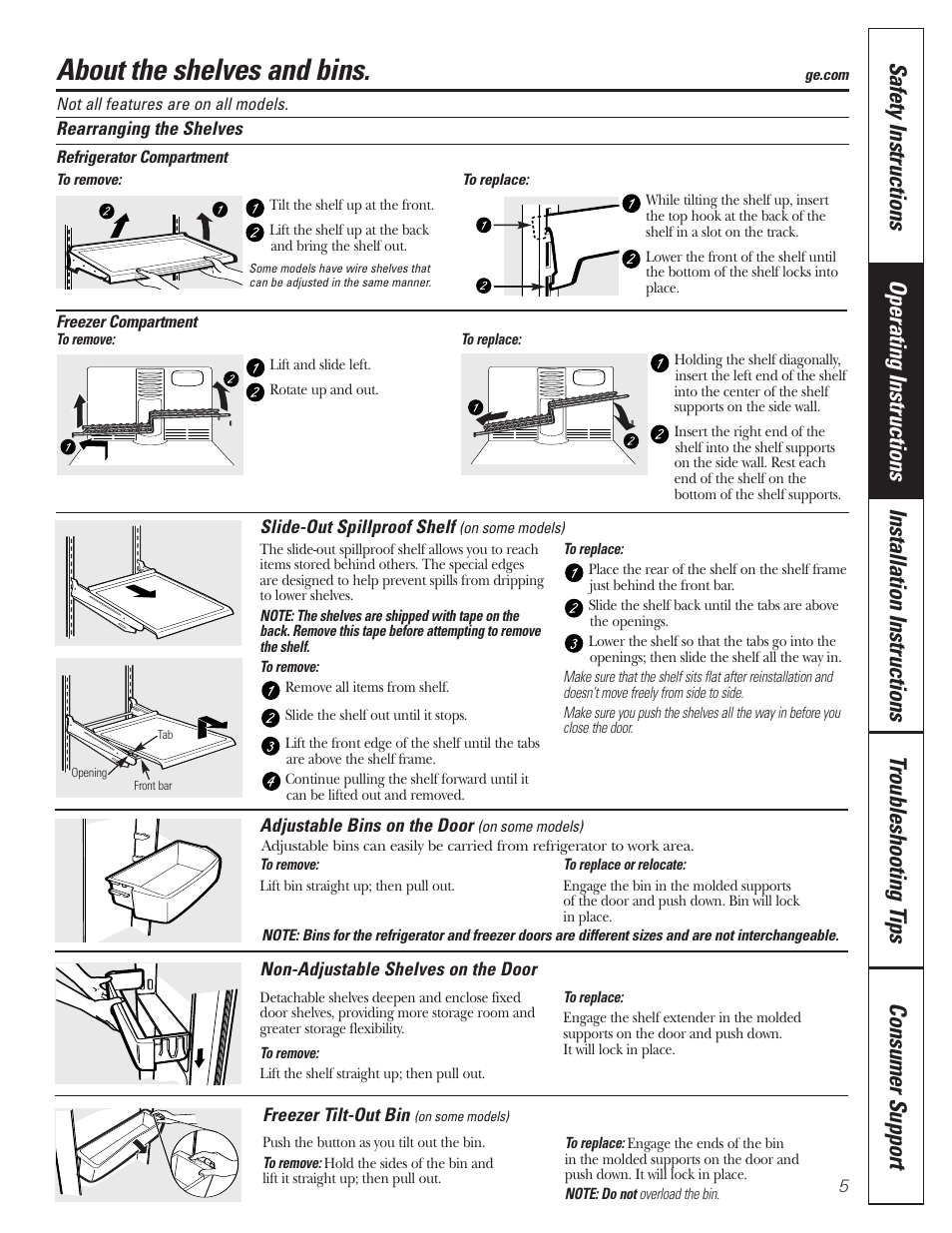 Shelves and bins, About the shelves and bins | GE 197D3354P013 User Manual | Page 5 / 80