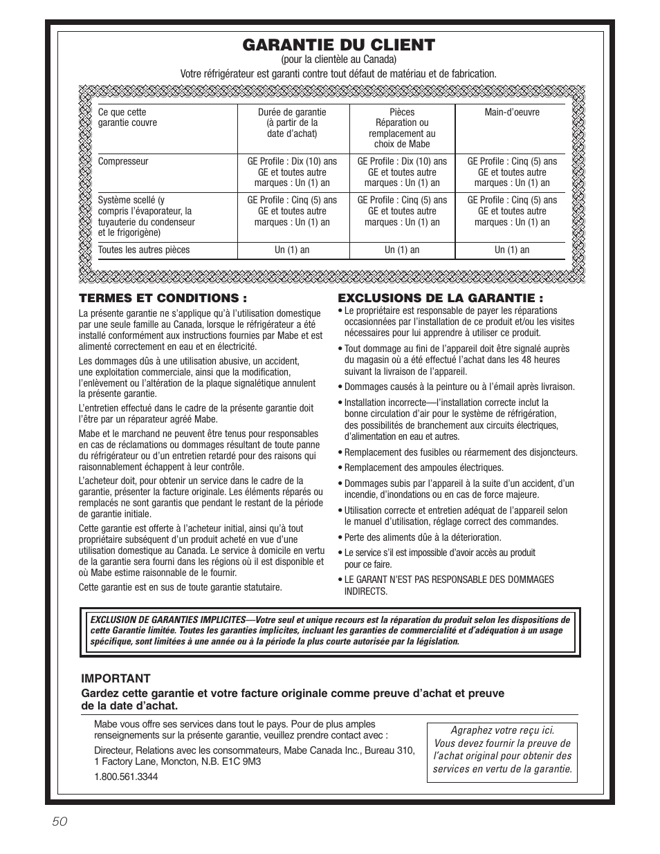 Garantie, Garantie du client | GE 197D3354P013 User Manual | Page 50 / 80