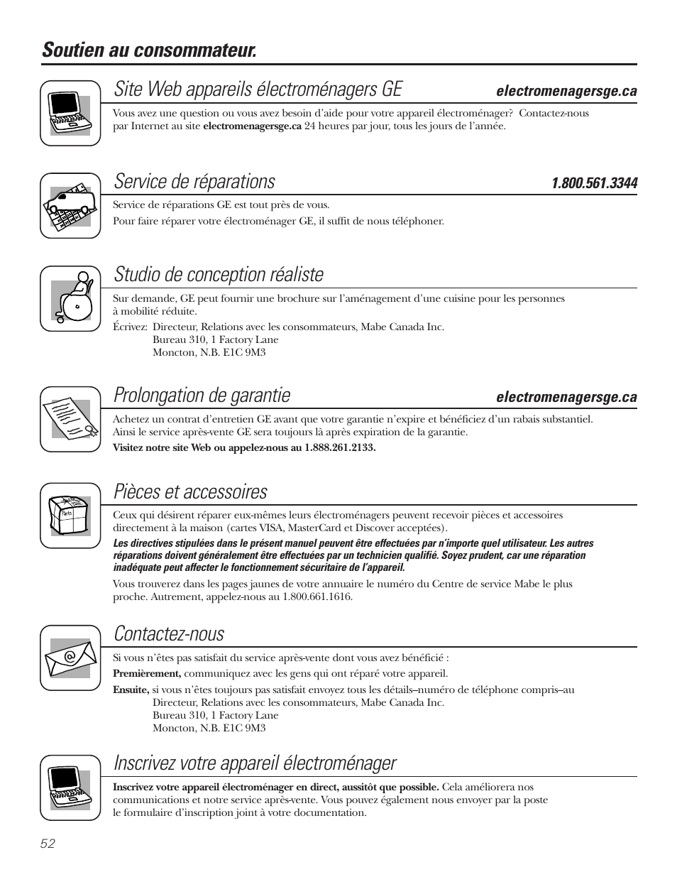 Soutien au consommateur, Service de réparations, Studio de conception réaliste | Prolongation de garantie, Pièces et accessoires, Contactez-nous, Inscrivez votre appareil électroménager | GE 197D3354P013 User Manual | Page 52 / 80