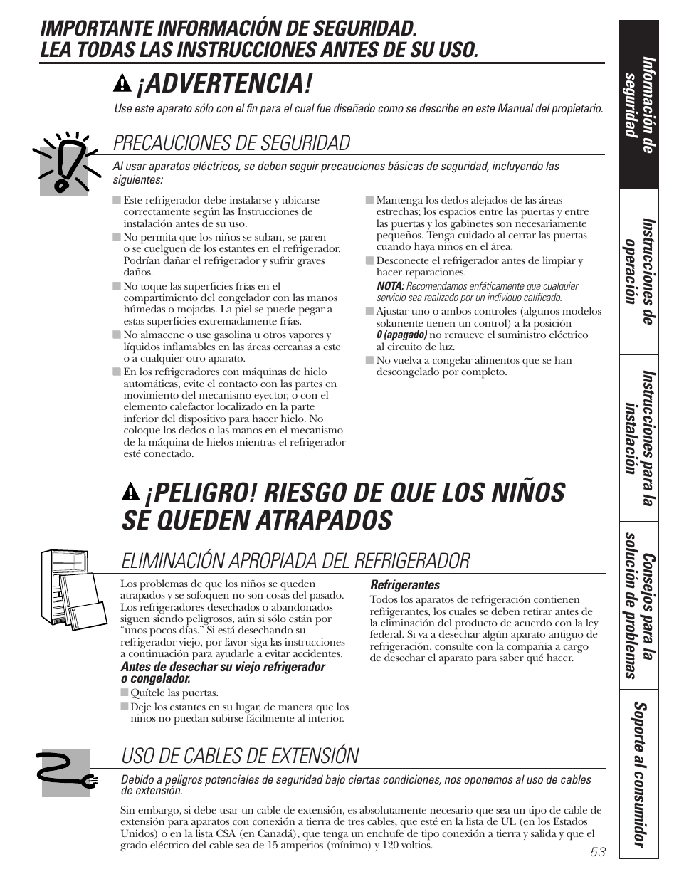 Información de seguridad, Advertencia, Precauciones de seguridad | Uso de cables de extensión, Eliminación apropiada del refrigerador | GE 197D3354P013 User Manual | Page 53 / 80