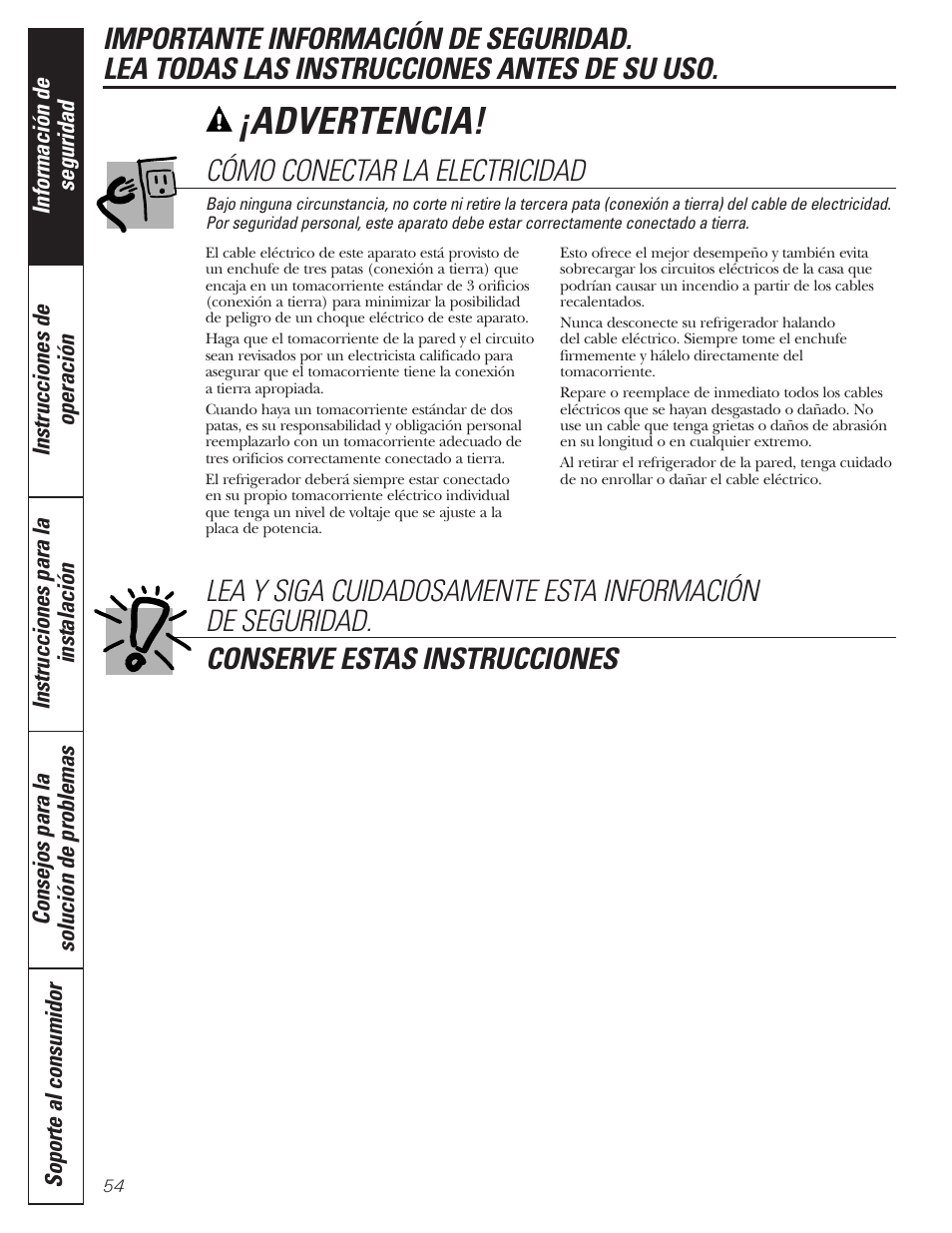 Advertencia, Cómo conectar la electricidad | GE 197D3354P013 User Manual | Page 54 / 80