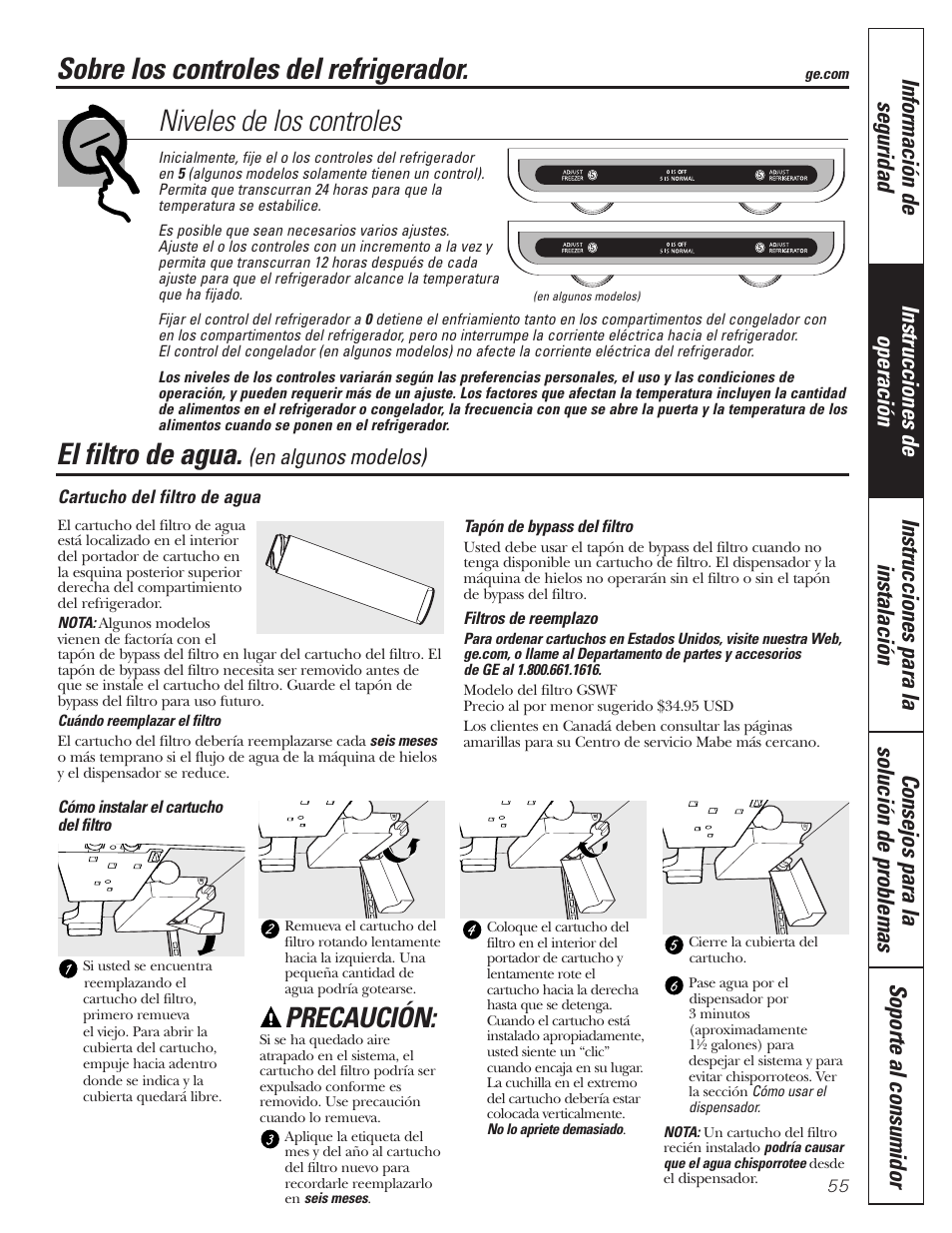 Controles, Filtro de agua, Niveles de los controles | Sobre los controles del refrigerador, El filtro de agua, Precaución | GE 197D3354P013 User Manual | Page 55 / 80