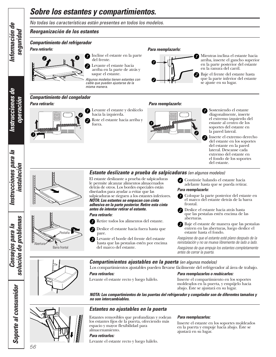 Estantes y compartimientos, Estantes y compartimientos –57, Sobre los estantes y compartimientos | GE 197D3354P013 User Manual | Page 56 / 80