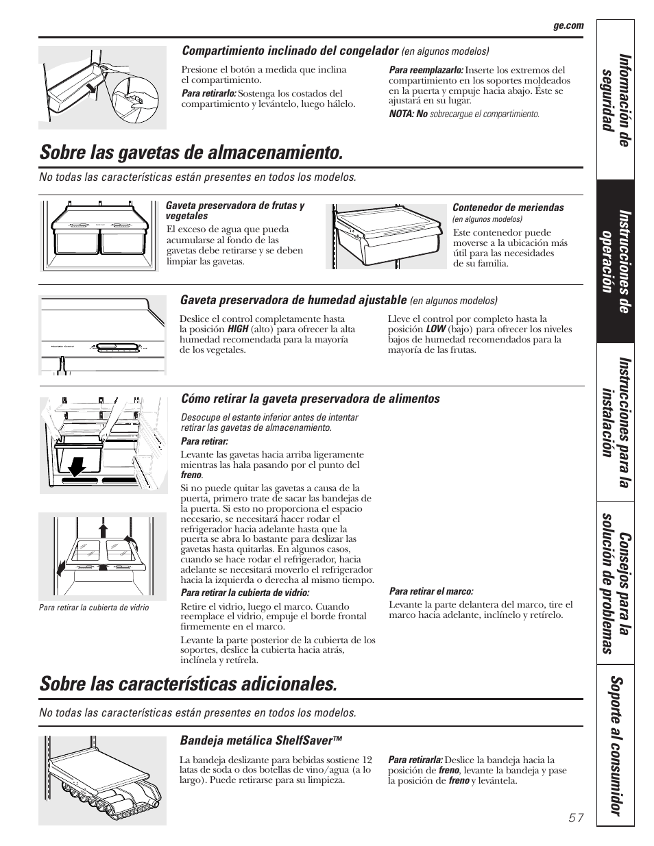 Características adicionales, Gavetas de almacenamiento, Sobre las gavetas de almacenamiento | Sobre las características adicionales | GE 197D3354P013 User Manual | Page 57 / 80
