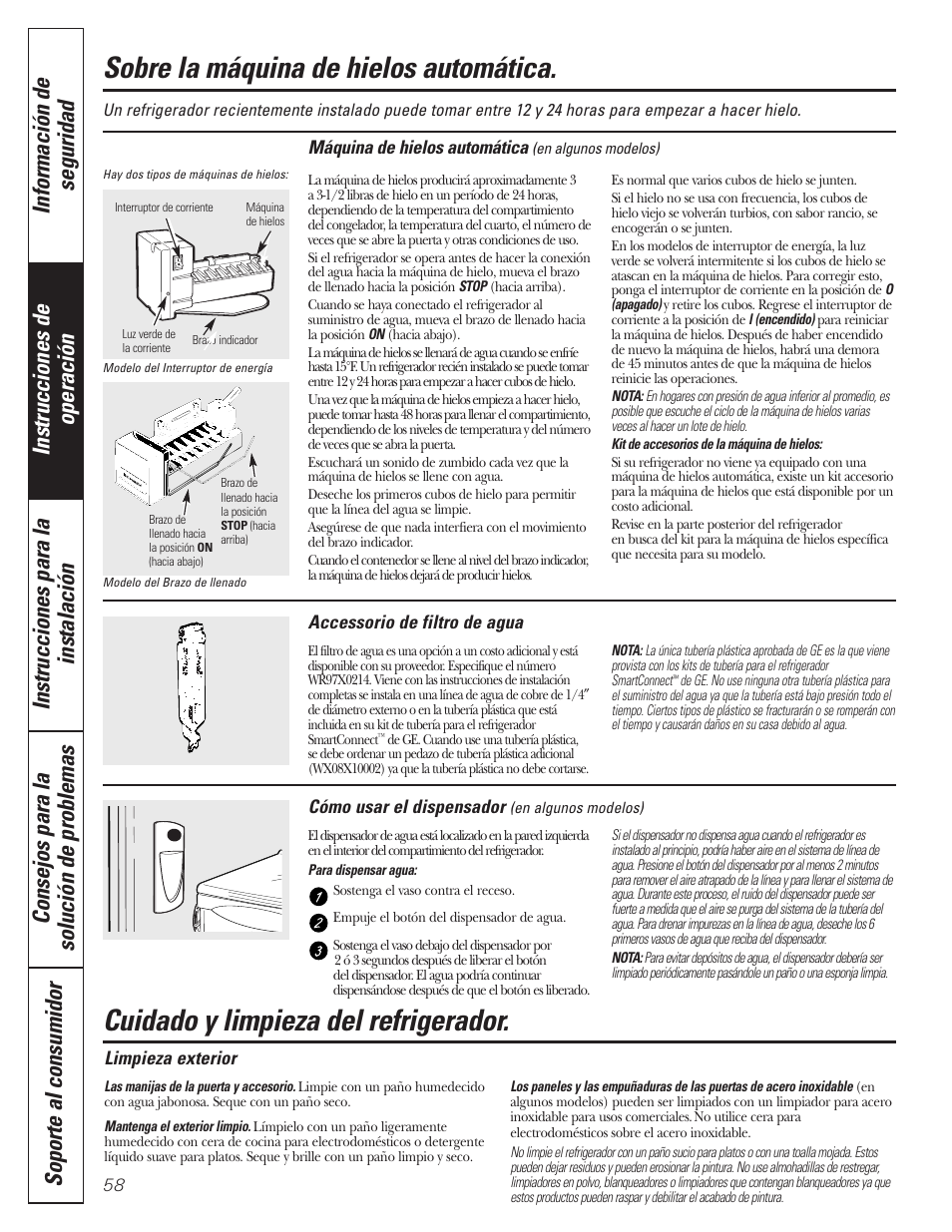 Dispensador, Máquina de hielos automática, Cuidado y limpieza | Cuidado y limpieza –60, Sobre la máquina de hielos automática, Cuidado y limpieza del refrigerador | GE 197D3354P013 User Manual | Page 58 / 80