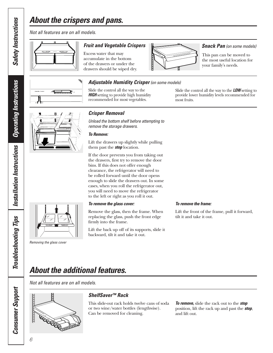 Additional features, Crispers and pans, About the crispers and pans | About the additional features | GE 197D3354P013 User Manual | Page 6 / 80