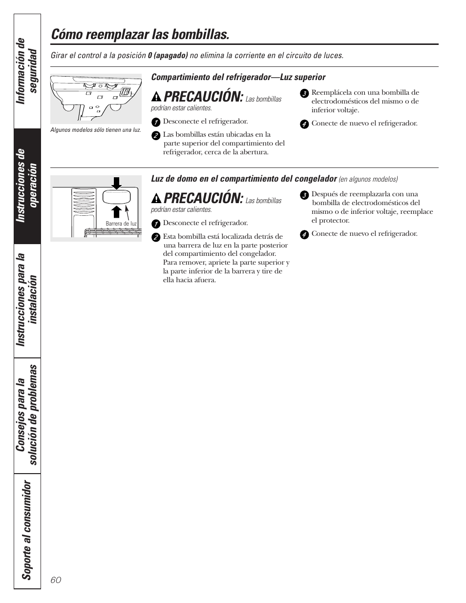 Cómo reemplazar las bombillas, Precaución | GE 197D3354P013 User Manual | Page 60 / 80