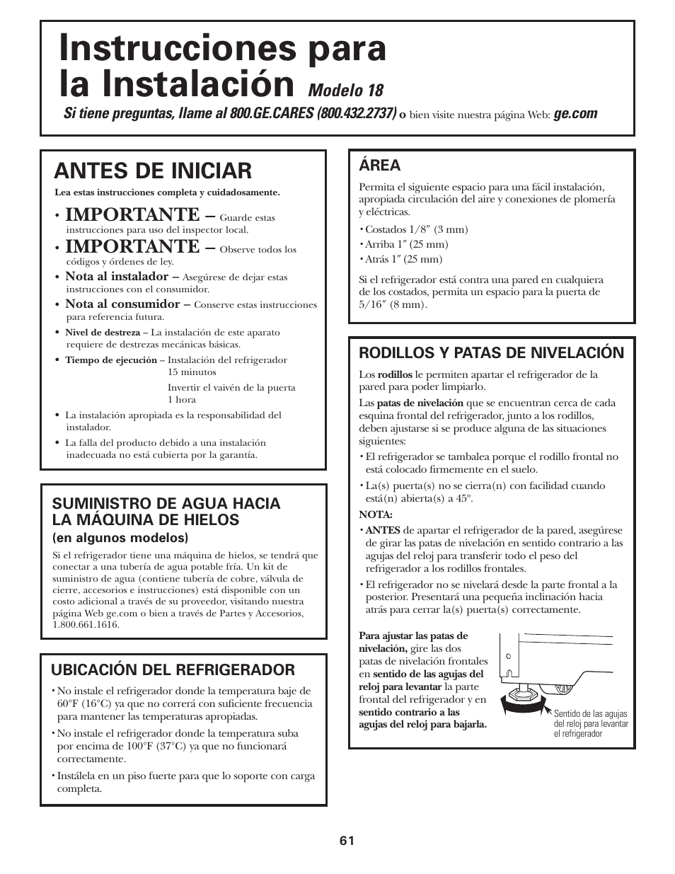 Preparación para instalar el refrigerador, Instrucciones para la instalación, Antes de iniciar | Importante, Modelo 18, Rodillos y patas de nivelación, Ubicación del refrigerador, Área, Suministro de agua hacia la máquina de hielos | GE 197D3354P013 User Manual | Page 61 / 80