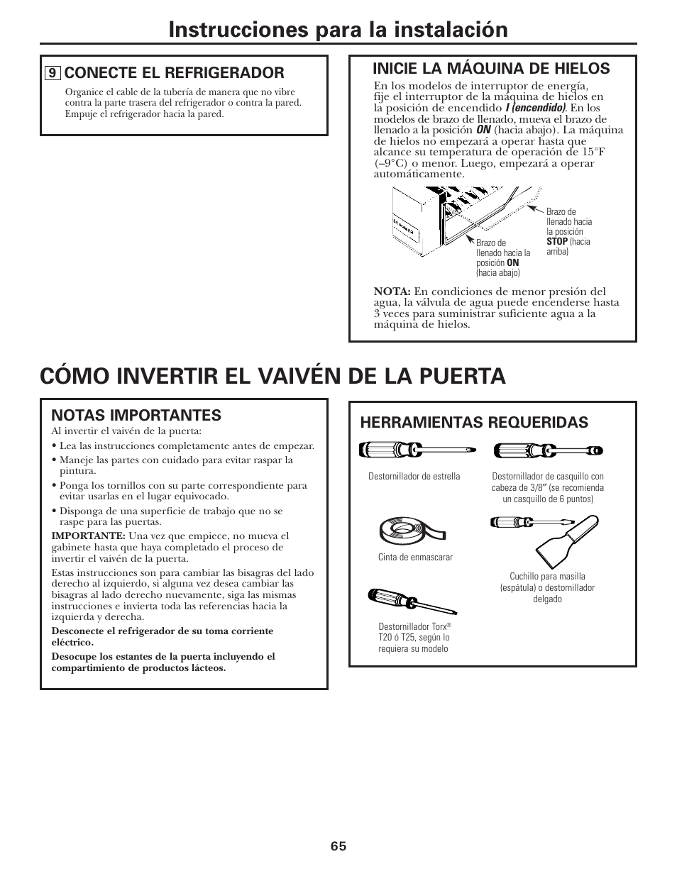 Cómo invertir el vaivén de la puerta, Cómo invertir el vaivén de la puerta –69, Conecte el refrigerador | Inicie la máquina de hielos, Notas importantes, Herramientas requeridas | GE 197D3354P013 User Manual | Page 65 / 80