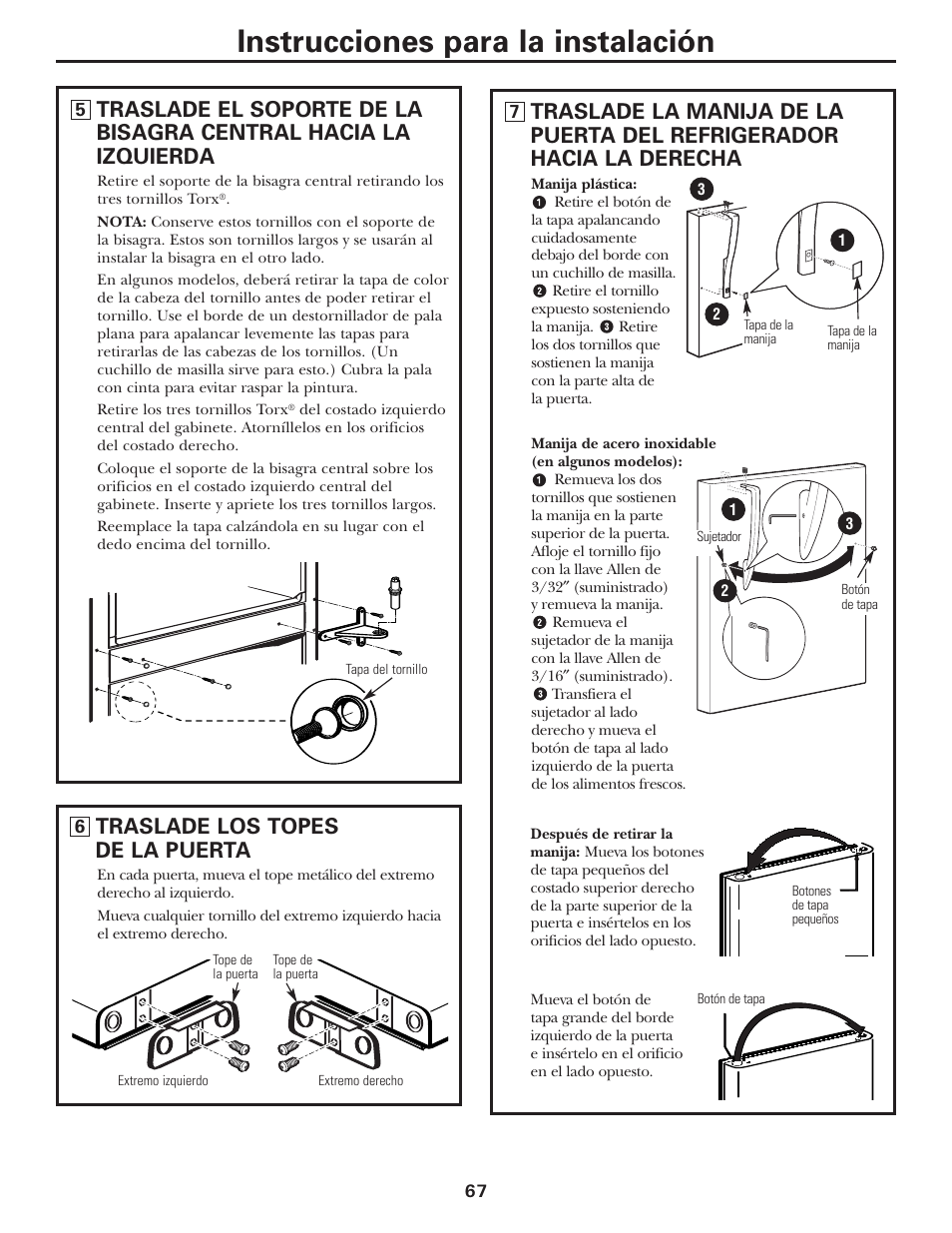 Instrucciones para la instalación, Traslade los topes de la puerta | GE 197D3354P013 User Manual | Page 67 / 80