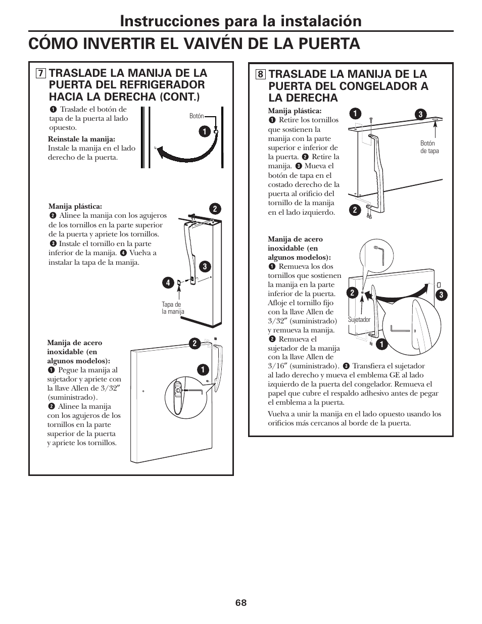 Instrucciones para la instalación, Cómo invertir el vaivén de la puerta | GE 197D3354P013 User Manual | Page 68 / 80