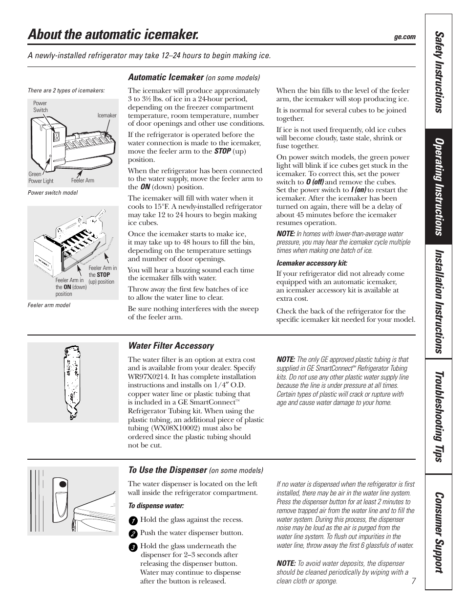 Automatic icemaker, Dispenser, About the automatic icemaker | GE 197D3354P013 User Manual | Page 7 / 80