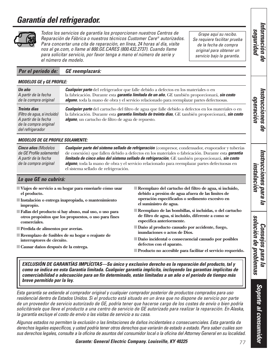Garantía, Garantía del refrigerador | GE 197D3354P013 User Manual | Page 77 / 80