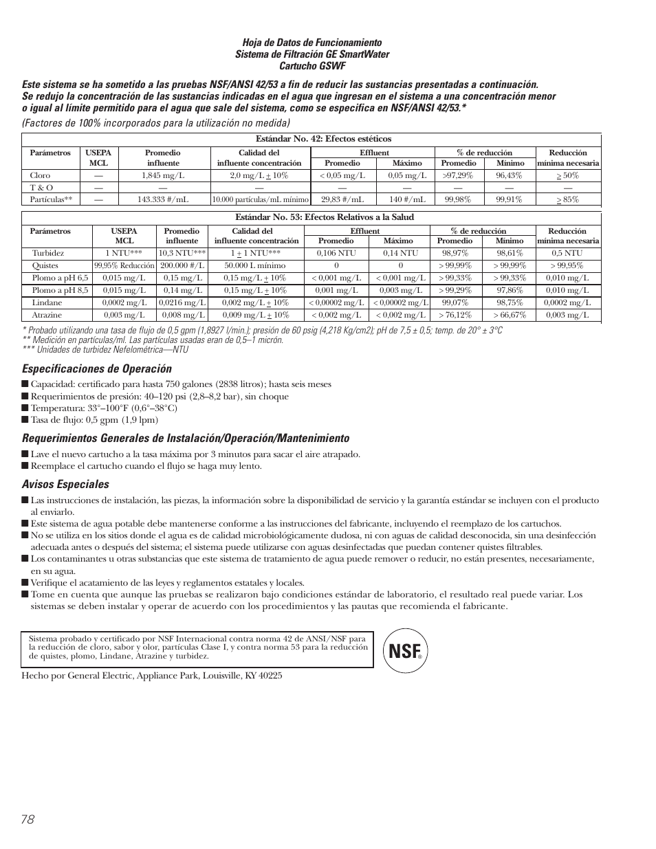 Hoja de datos de funcionamiento, Especificaciones de operación, Avisos especiales | GE 197D3354P013 User Manual | Page 78 / 80