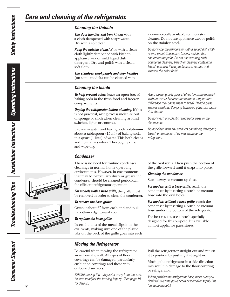 Care and cleaning, Care and cleaning , 9, Care and cleaning of the refrigerator | GE 197D3354P013 User Manual | Page 8 / 80