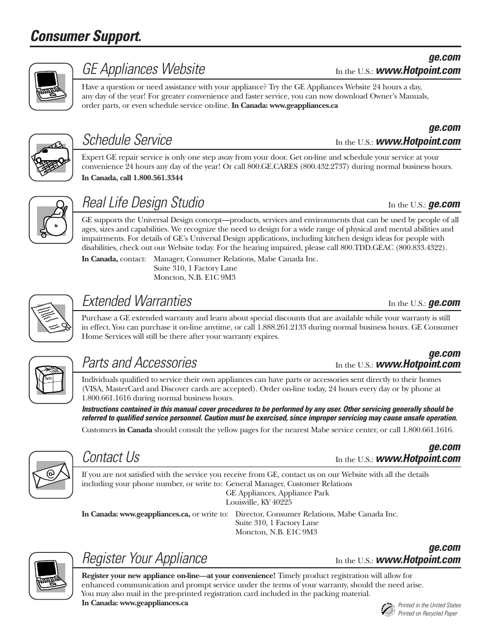 Consumer support, Consumer support . . . . . . . . .back cover, Extended warranties | Ge appliances website, Schedule service, Real life design studio, Parts and accessories, Contact us, Register your appliance | GE 197D3354P013 User Manual | Page 80 / 80