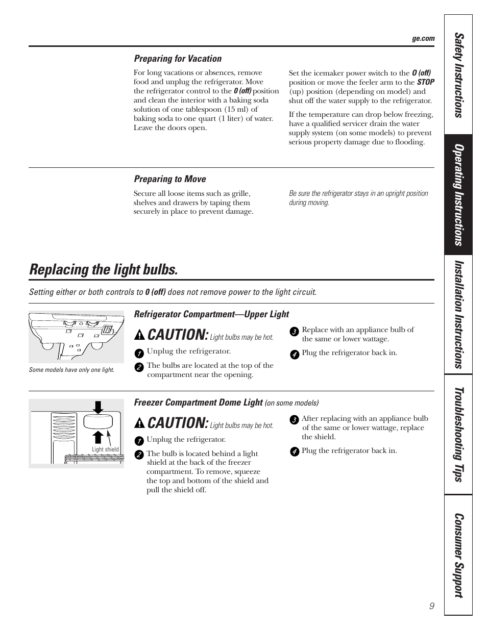 Replacing the light bulbs, Caution | GE 197D3354P013 User Manual | Page 9 / 80