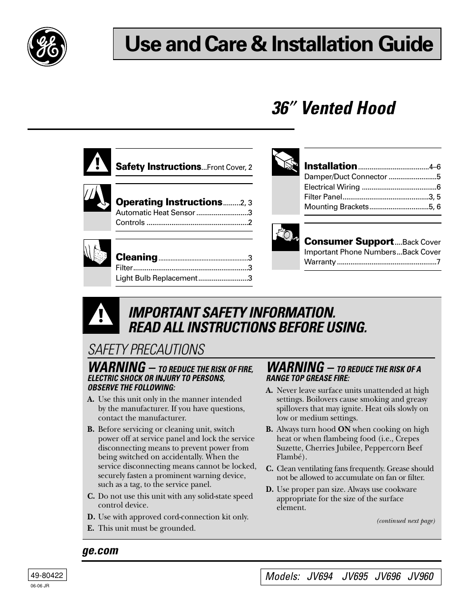 GE JV694 User Manual | 8 pages