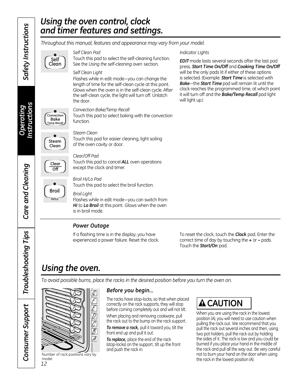 Power outage, Using the oven. caution | GE 49-80591-2 User Manual | Page 12 / 40