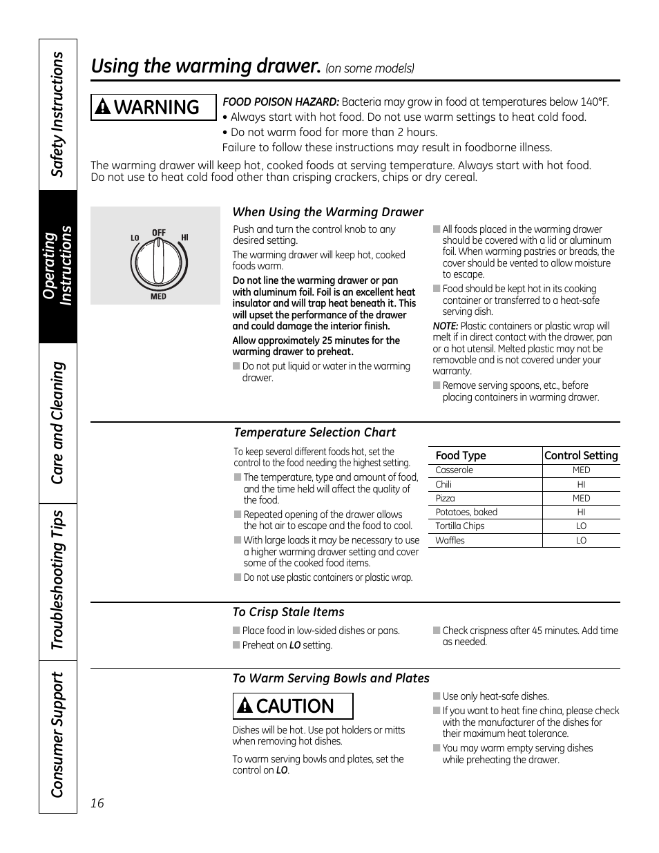 Warming drawer, Removable warming, Drawer pan | Using the warming drawer, Warning caution | GE 49-80591-2 User Manual | Page 16 / 40
