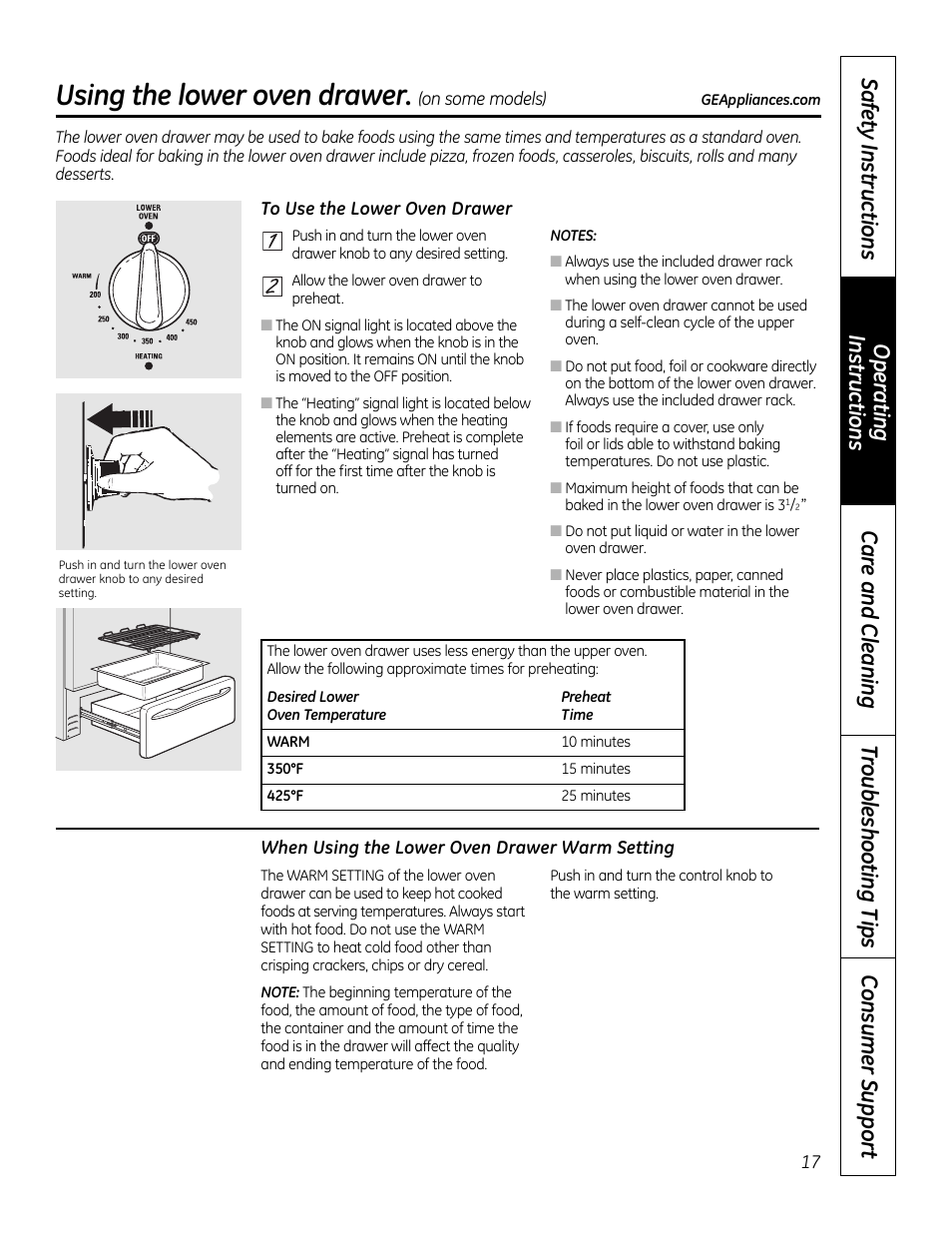 Lower oven drawer, Removable lower oven, Drawer pan | Using the lower oven drawer | GE 49-80591-2 User Manual | Page 17 / 40