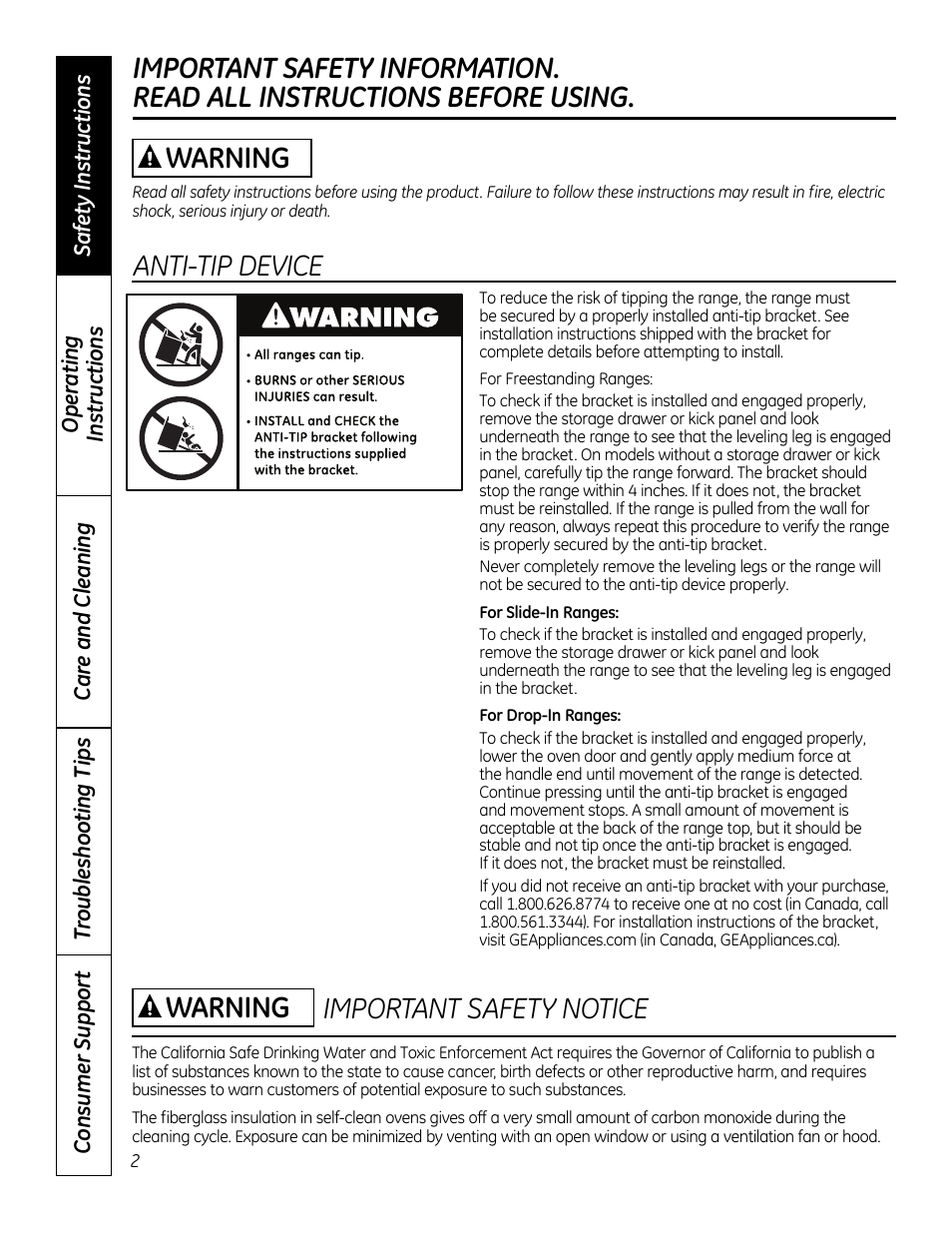 Safety instructions, Warning important safety notice, Anti-tip device warning | GE 49-80591-2 User Manual | Page 2 / 40