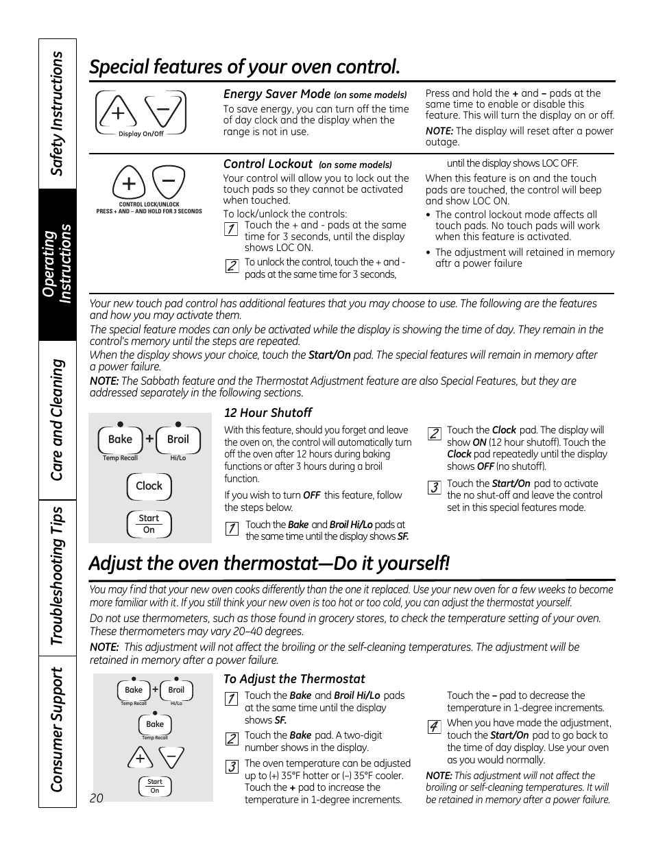 Control lock out, Energy saver mode, Adjust the oven thermostat | Special features, Special features of your oven control, Adjust the oven thermostat—do it yourself | GE 49-80591-2 User Manual | Page 20 / 40