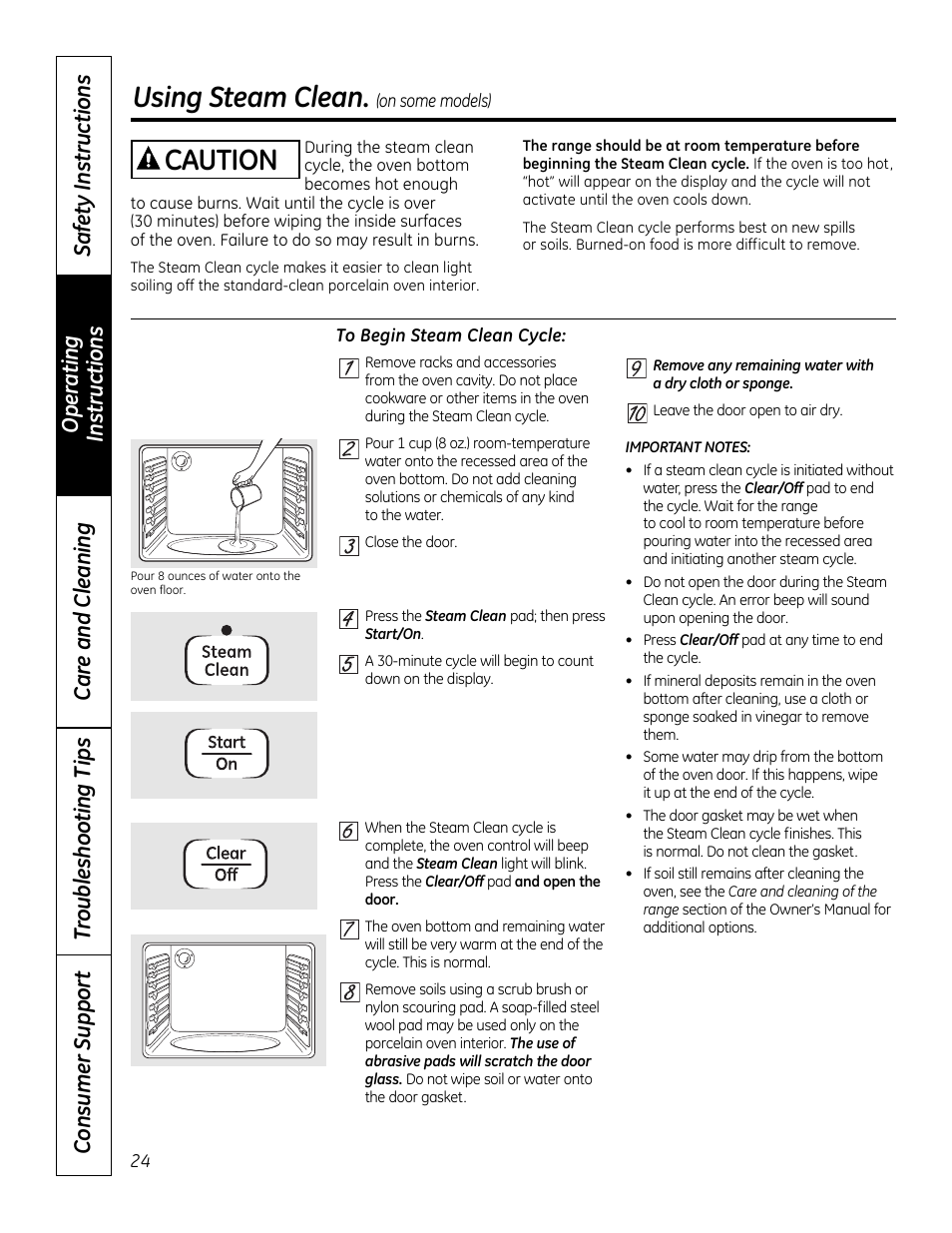 Steam cleaning, Using steam clean, Caution | GE 49-80591-2 User Manual | Page 24 / 40