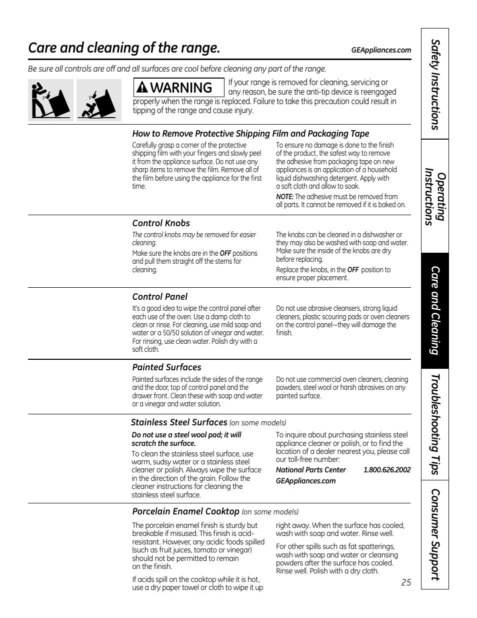 Control knobs, Care and cleaning of the range, Warning | GE 49-80591-2 User Manual | Page 25 / 40