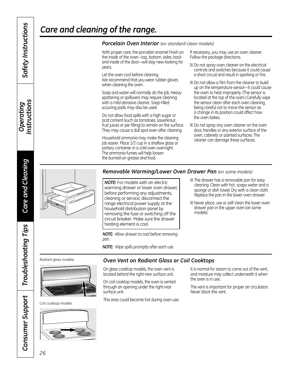 Standard-clean oven interior, Vent, Care and cleaning of the range | GE 49-80591-2 User Manual | Page 26 / 40